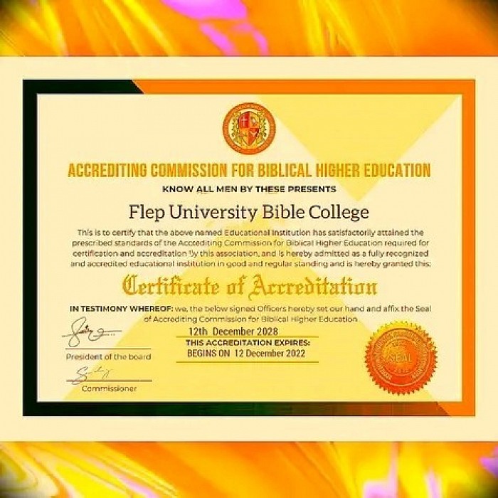 FLEP UNIVERSITY BIBLE COLLEGE IS ACCREDITED BY THE AUTHORITIES ABOVE 100%